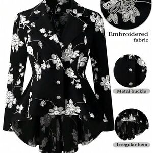 Black and White Floral Embroidered Blazer